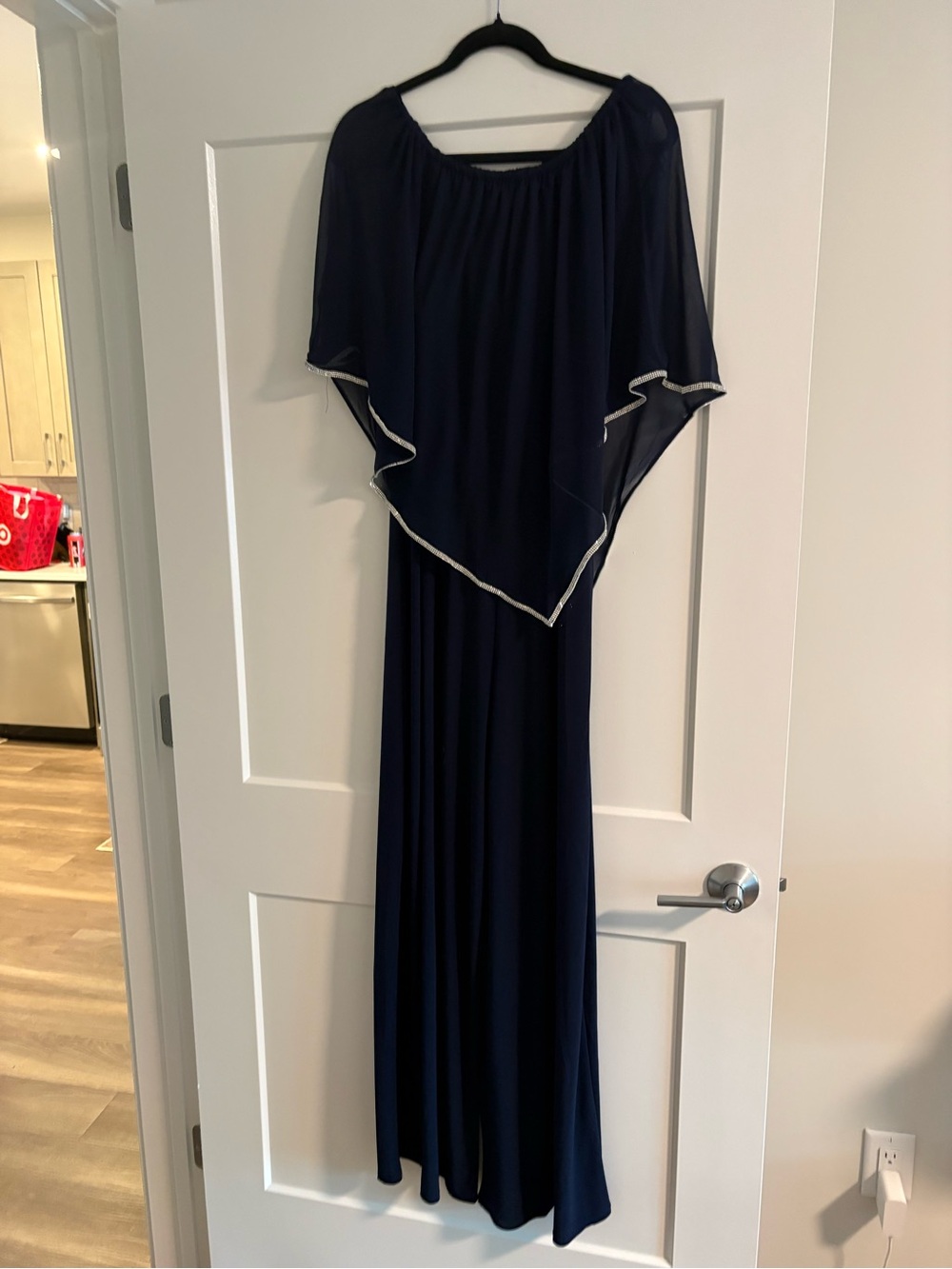 MSK Navy Romper with Sheer Capelet and Silver Trim